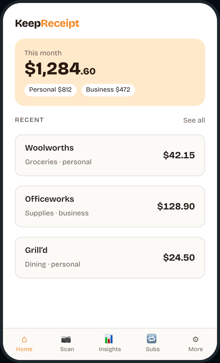 Keep Receipt interface mockup