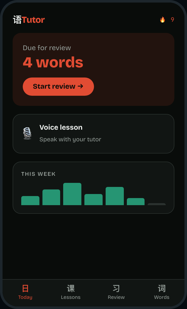 Mandarin Tutor interface mockup