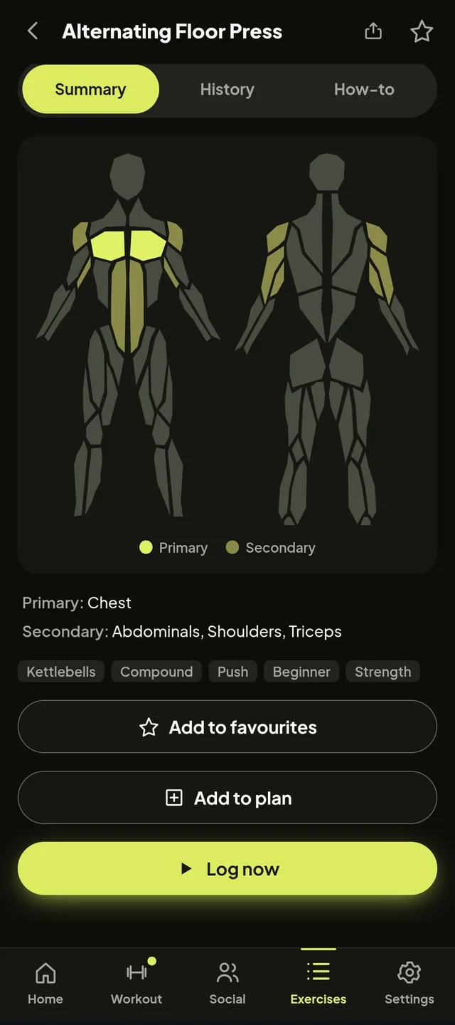 GymMate exercise detail for Alternating Floor Press, with front and back muscle diagrams highlighting the chest as primary, plus add-to-plan and log buttons.