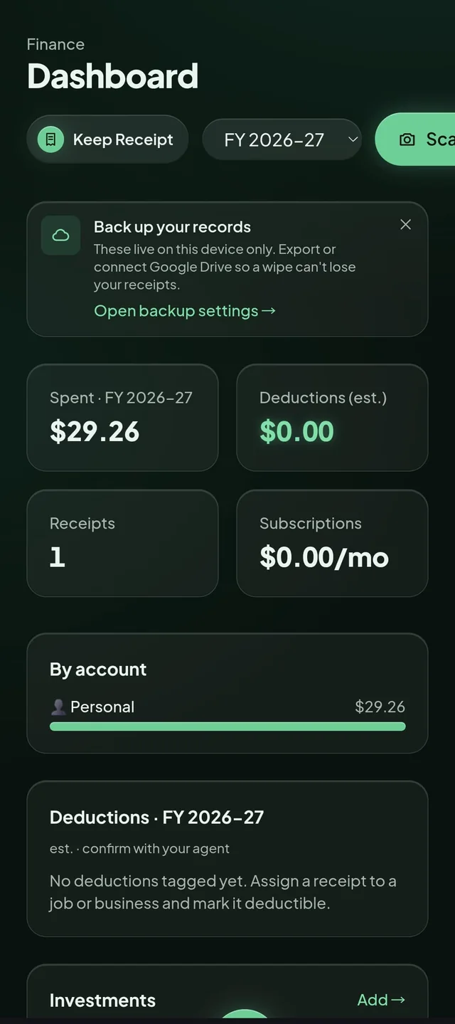 Keep Receipt finance dashboard for FY 2026 to 27, showing spend, estimated deductions, receipt count and a per-account breakdown.