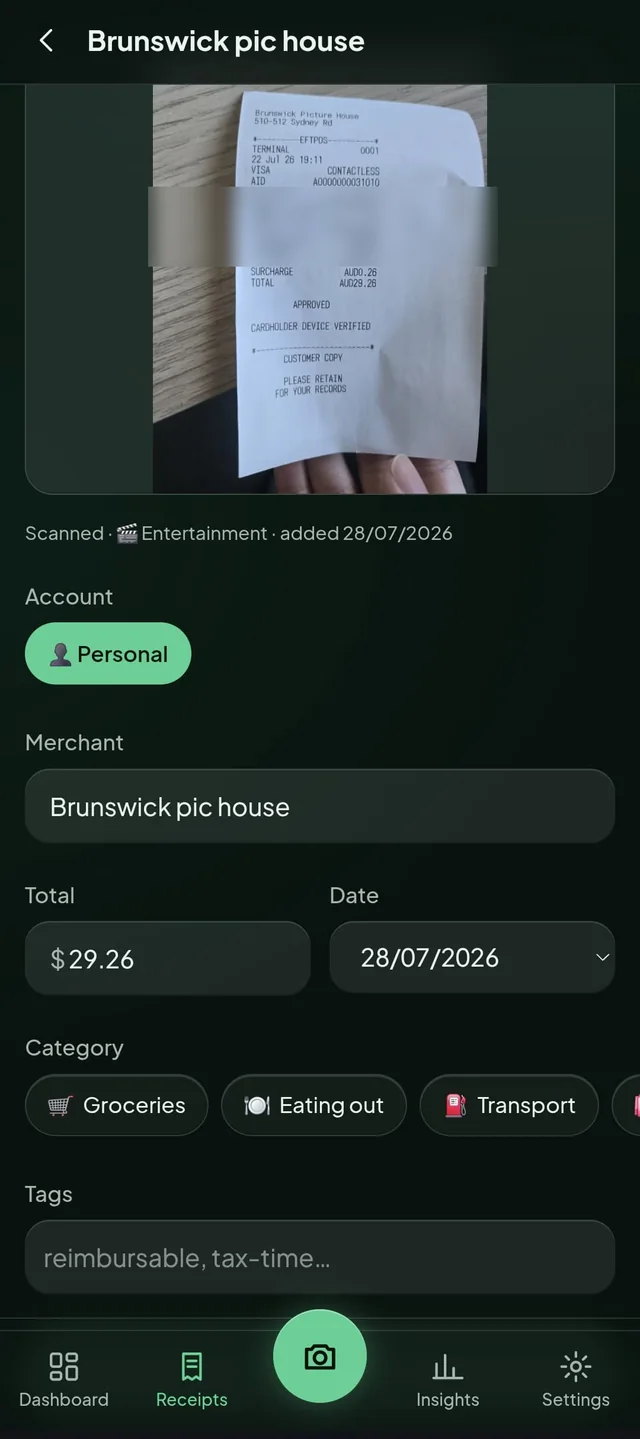 A scanned receipt in Keep Receipt with the merchant, total and date read automatically from the photo, ready to categorise and tag.