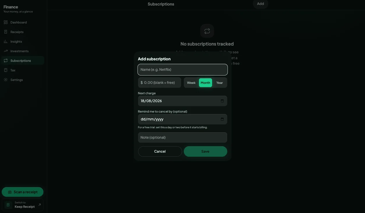 The desktop Finance view of Keep Receipt, adding a tracked subscription with its billing cycle and a cancel reminder.
