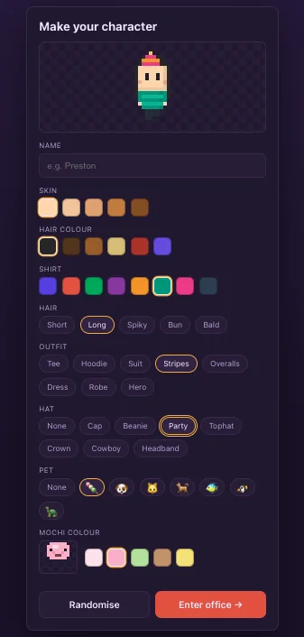 The Pixel Office character creator, with options for skin, hair, shirt, outfit, hat and pet before entering the office.