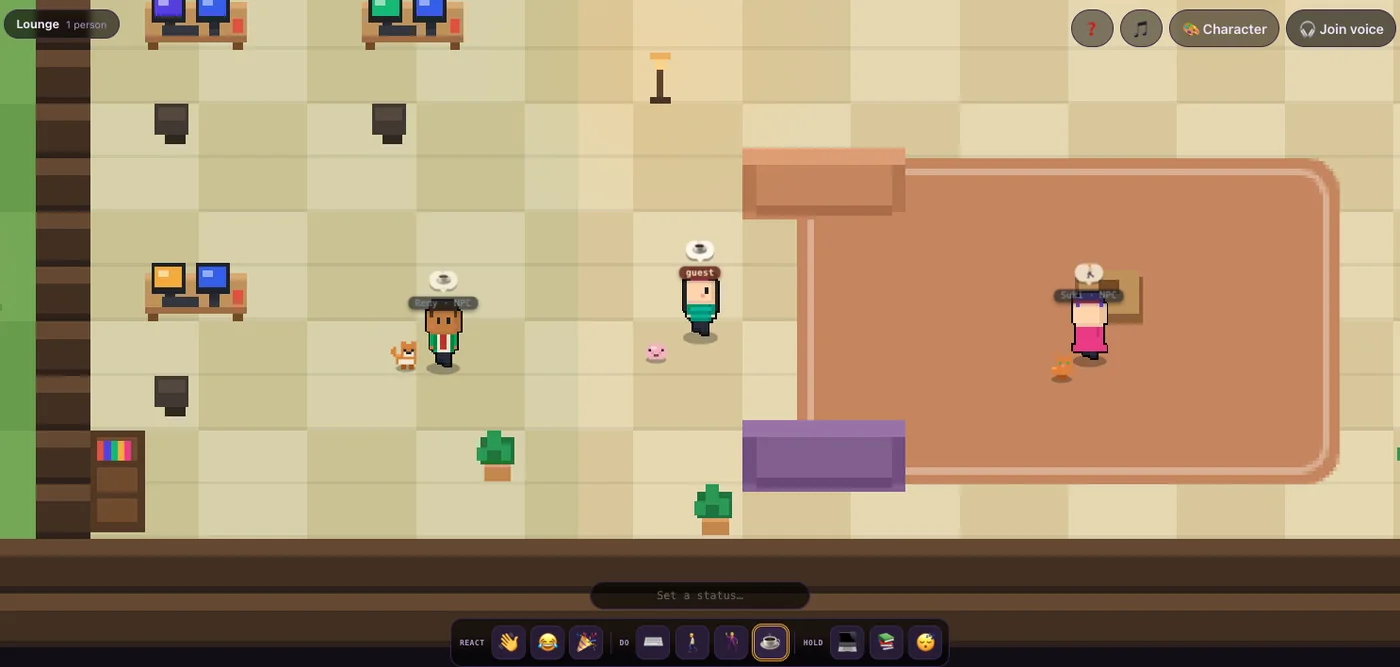 The Pixel Office lounge: a pixel-art room with characters standing near desks and sofas, an emote bar along the bottom and a join-voice button.